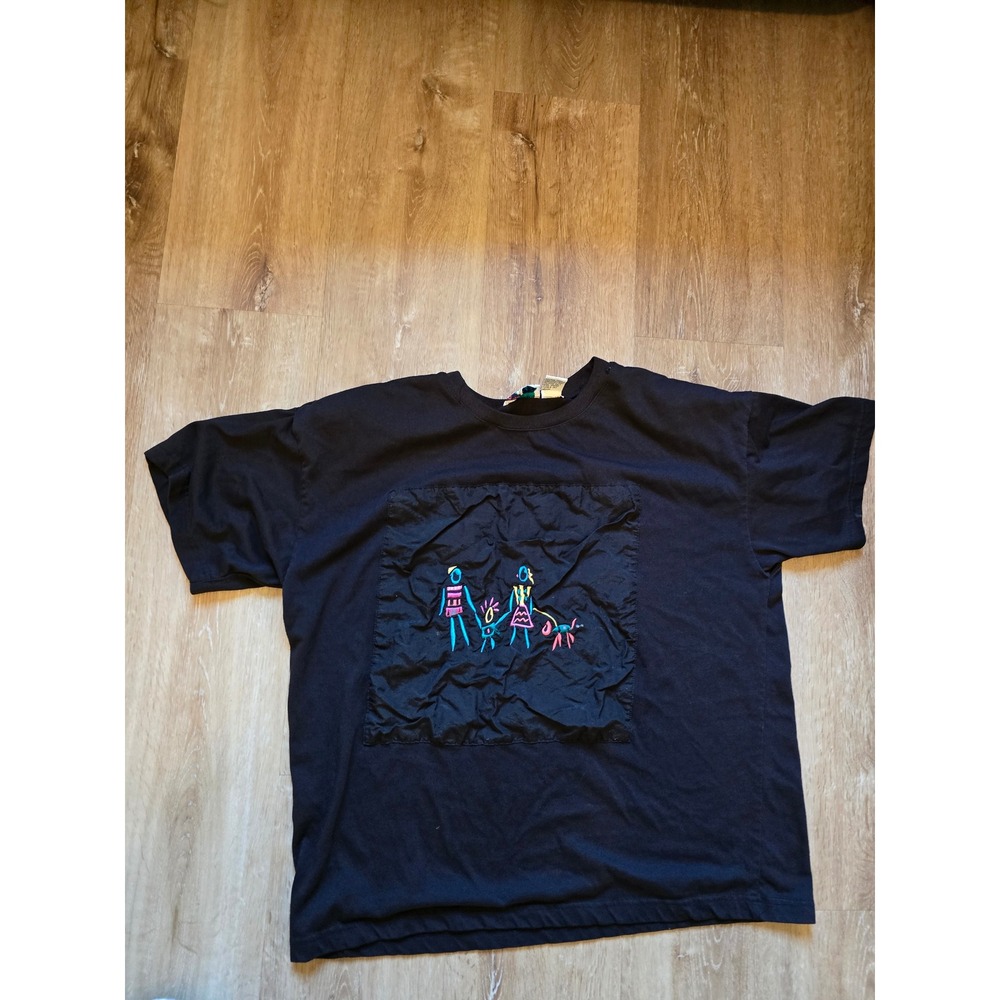 Vintage Bolo Spirit Black T-Shirt Embroidered Family Dog Graphic Nylon Panel L